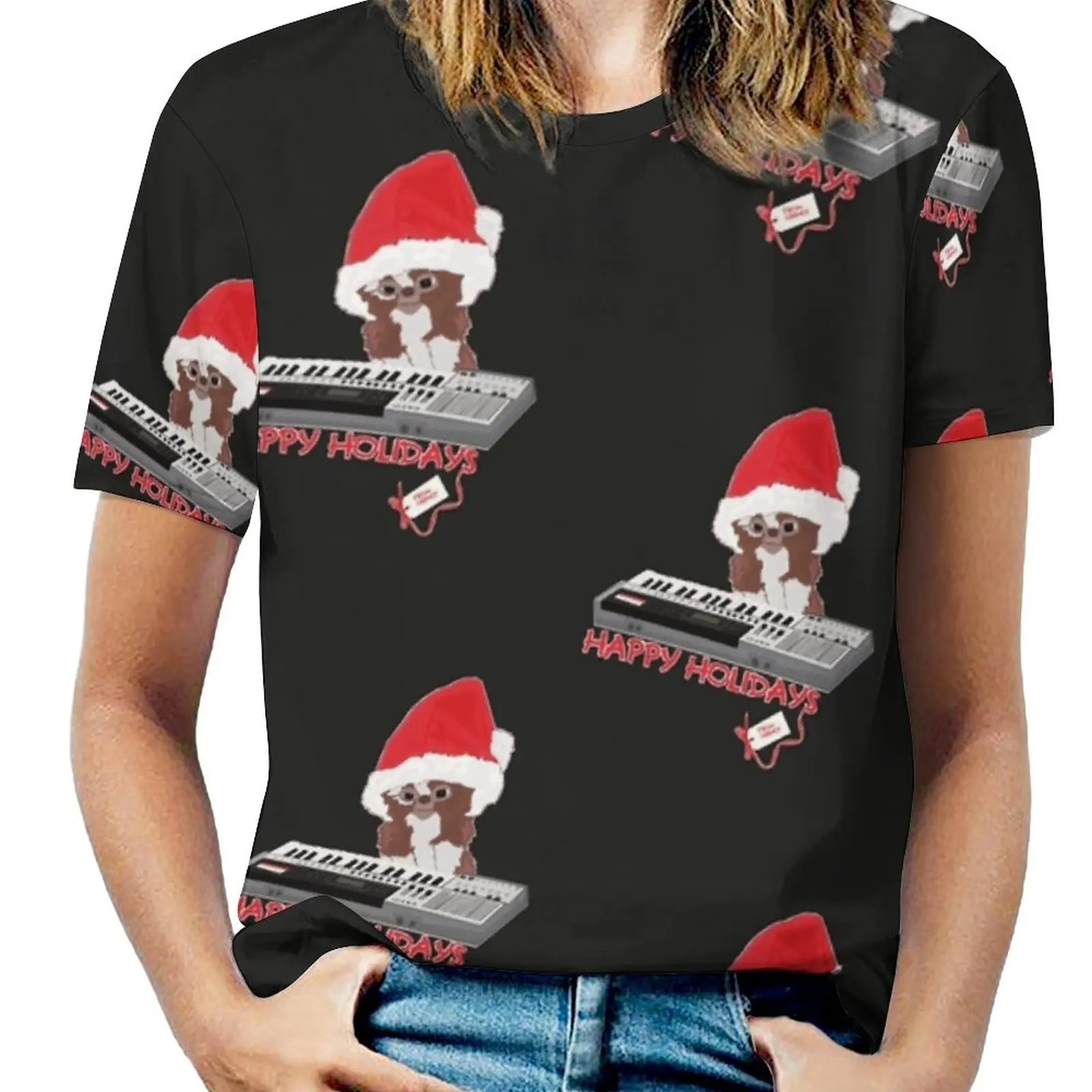 Gizmo Print O-Neck Off-The-Shoulder Top Short-Sleeved T-Shirt Ladies Streetwear Gizmo Gremlins Horror Christmas Film Joe Dante