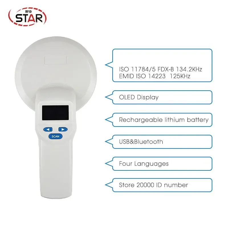 134.2 كيلو هرتز الحيوانات الأليفة رقاقة الماسح الضوئي يده الحيوان قارئ رقاقة Rfid قارئ الكلب دعم ISO 11784/11785 FDX-B ، EMID rfid العلامات