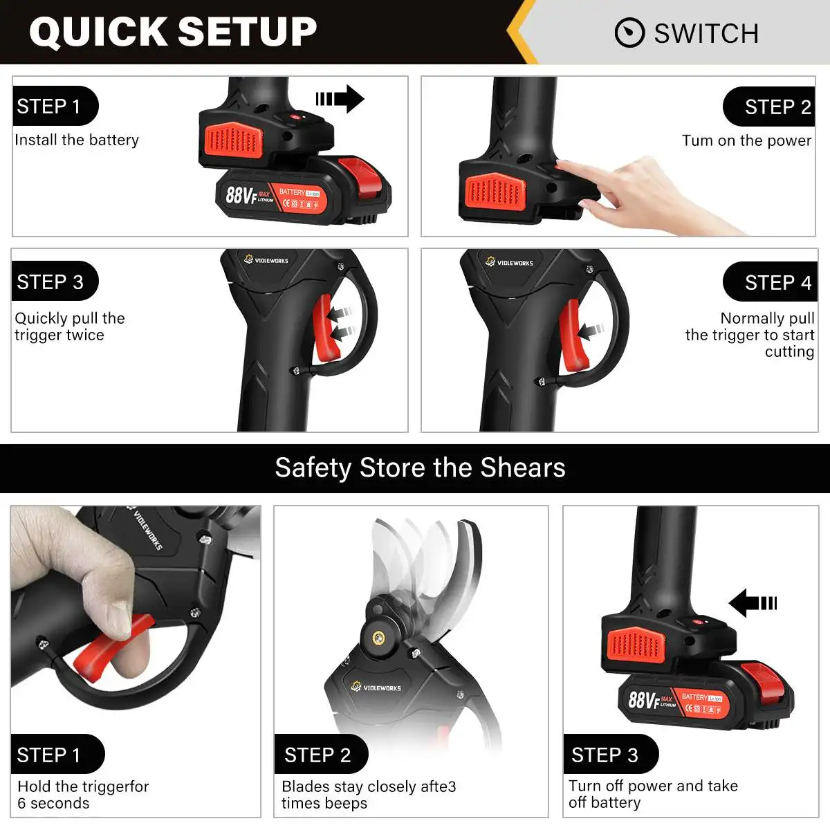 Imagem -05 - Violeworks-cordless Elétrica Pruner Tesouras de Poda Ramo Pruner Ramo Pruner Árvore Frutíferas Bonsai Pruner Bateria Recarregável 30 Milímetros