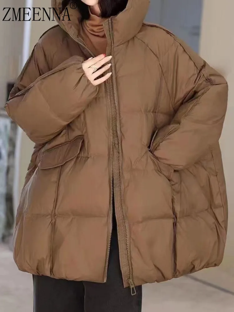 

ZMEENNA Womens Short Puffer Jacket Quilted Hooded Warm Winter Coat Oversized Fit Loose Down Outerwear Brown ZM4479