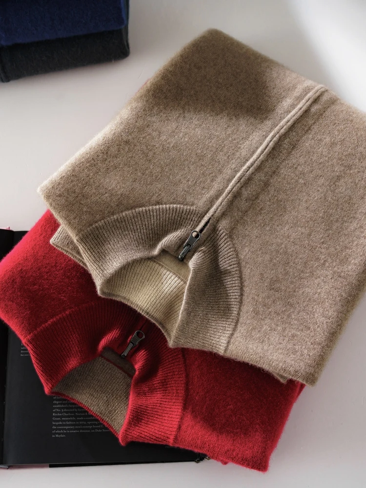 100% Wool Men's Mock Neck Sweater Zippers Cardigan Autumn Winter Thick Long Sleeve Cashmere Knitwear Smart Casual Clothing Tops