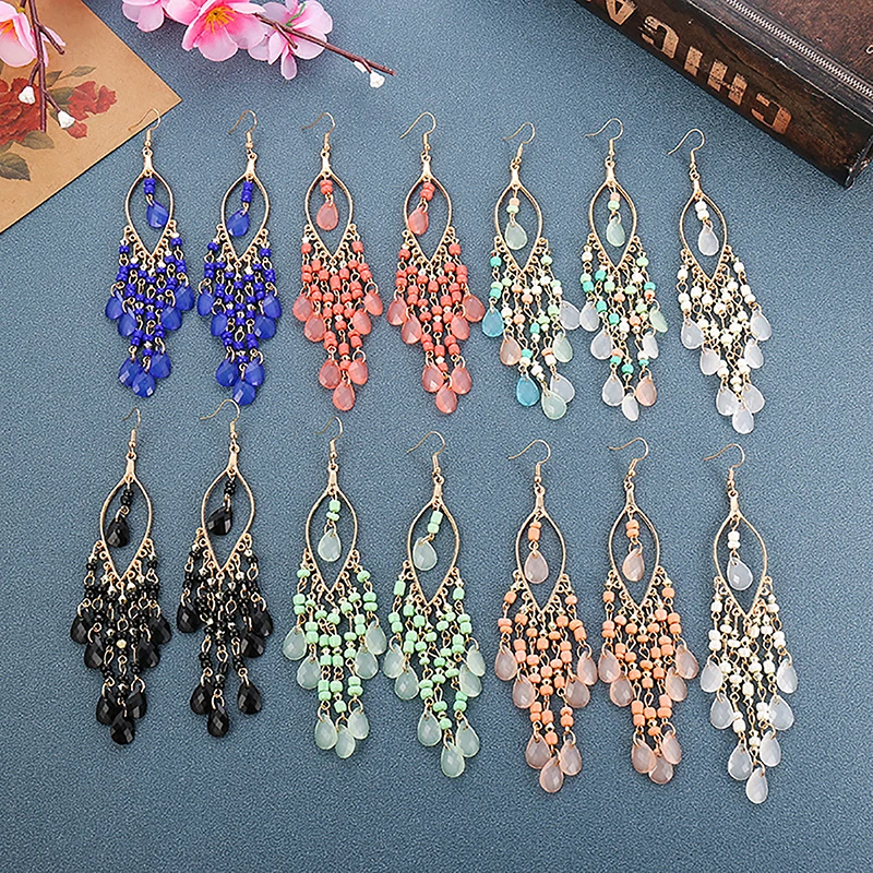 Bohemian Ethnic Style Long Earrings For Women Girls Vintage Colorful Crystal Tassel Dangle Drop Earrings Fashion Party Jewelry