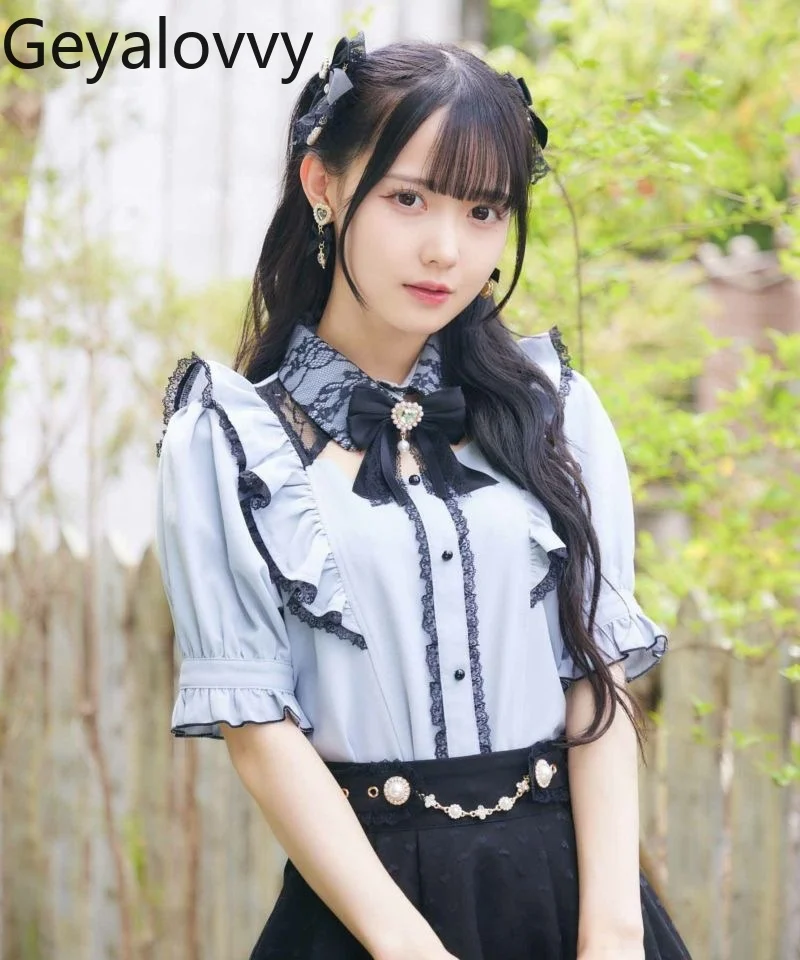 

Mine Series Mass-produced White Shirt Japanese Elegant Lace Bow Tie Pleated Lace Short-sleeve Blouse Top Female Camisas De Mujer