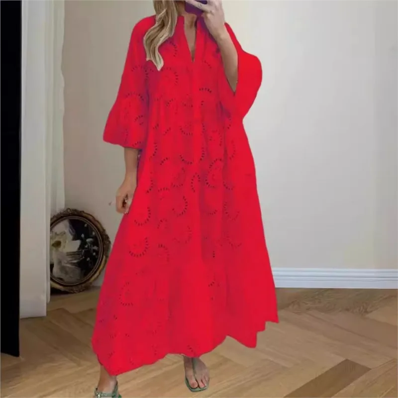 2025 Hollow Out Jacquard Lace Dress Women's Summer Elegant V-neck Flare Sleeve Solid Long Dress Casual Loose Boho Party Vestidos