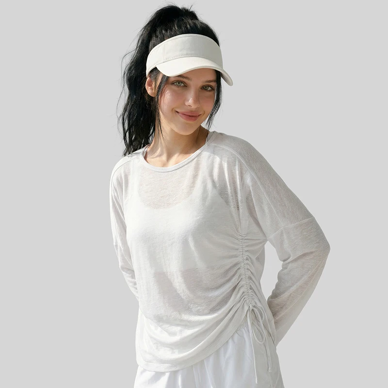 Women Side Waist Drawstring Long Sleeve Yoga Apparel Stretchy Naked Feeling Sports Top Slim Fit Breathable Fitness Cover Up