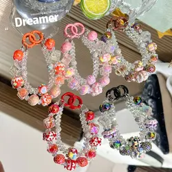 Fashion Cube Mobile Phone Strap Double Chain Beaded Bag Pendant Keychain Glass Hand-painted Phone Lanyard