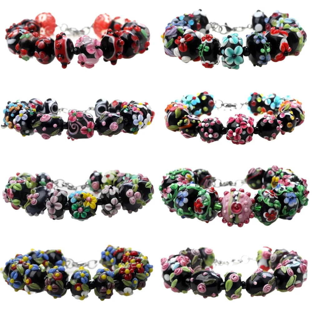 

Only Sell 1set!!Good Quality!!Black Engraved Flowers!!!Pure Handmade Retro Lampwork Glass Beads For Crafts Charm Bracelets!