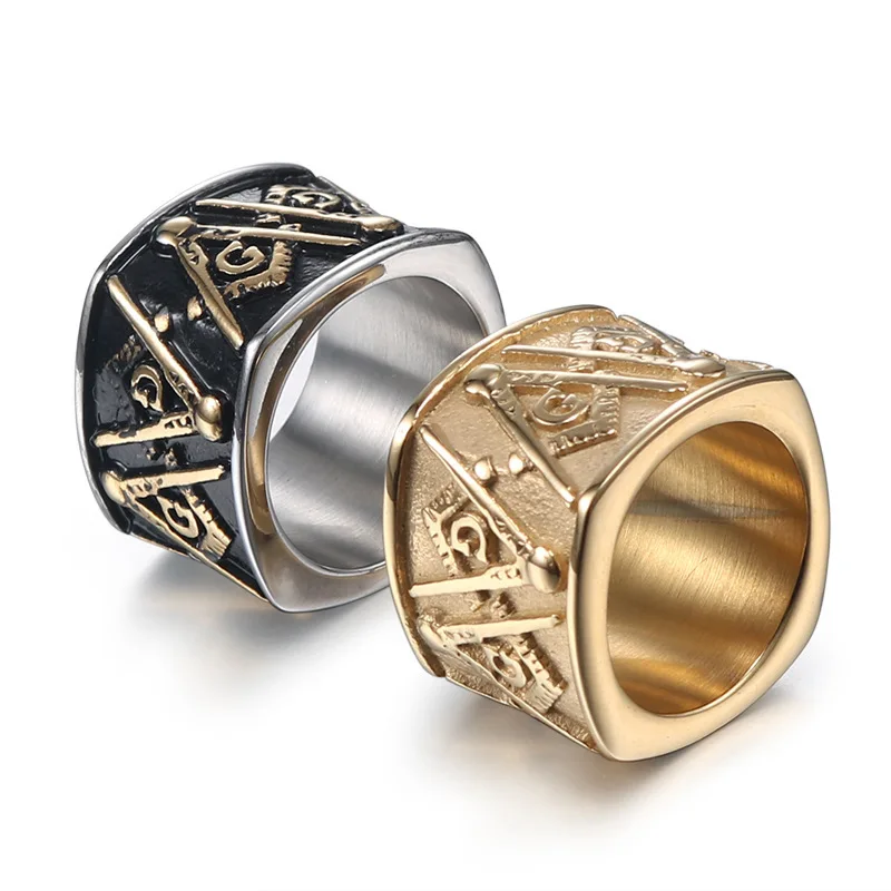 

Freemason Fashion Jewelry Retro Titanium Steel Gold Men'S Rings Masonic Logo Stainless Steel 316L Rings For Men Women