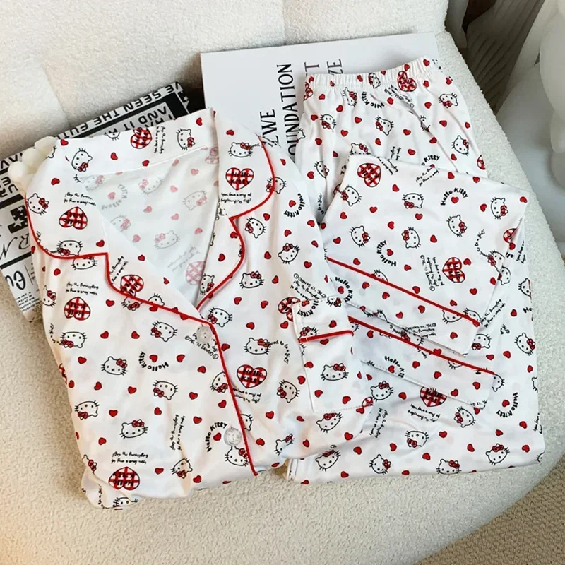 Sanurgente-Pyjama Hello Kitty pour Femme, Vêtements de Maison Confortables, Doux et Mignon, Imprimé Dessin Animé, Cadeau Kawaii Trempé, Printemps et Automne