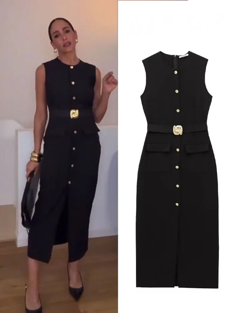 HH Frauen Mode O-Kragen Einreiher Saum Schlitz Gürtel Schmücken Midi Kleid Weibliche Chic Ärmellose Zurück Zipper Dünnes Kleid