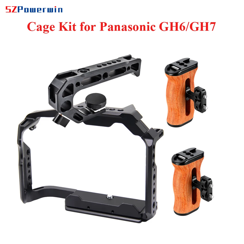 Powerwin Camera Cage Kit for Panasonic GH7 GH6 Stabilizer Rig Protective Frame Gimbal Arri Locating Screw Wooden Handle