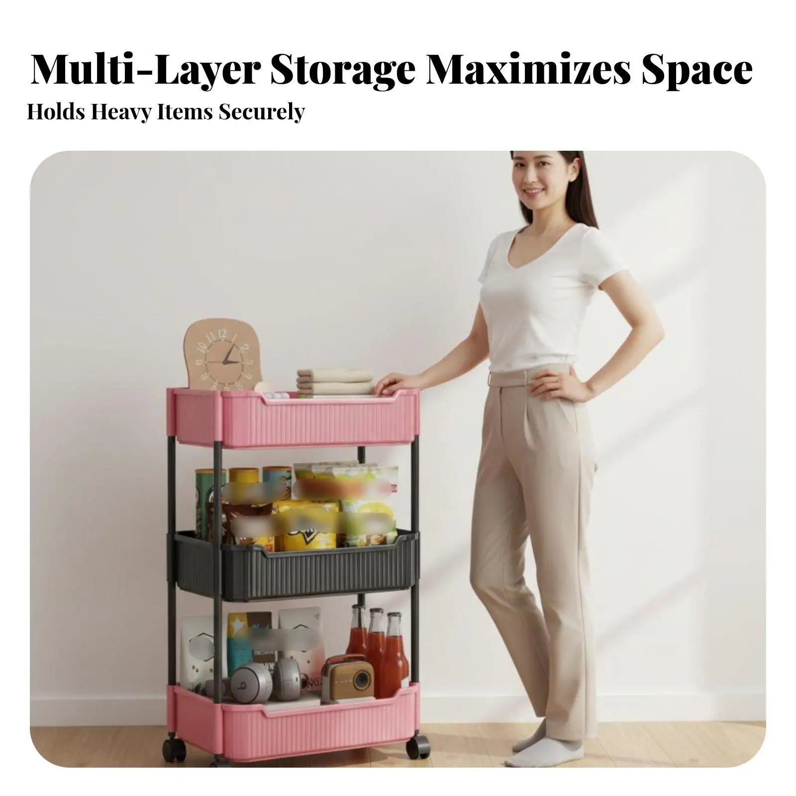 Multi Layer Rolling Storage Cart for Refrigerator Side Gap Slim Kitchen Trolley Wheeled Organization Rack ABS Steel