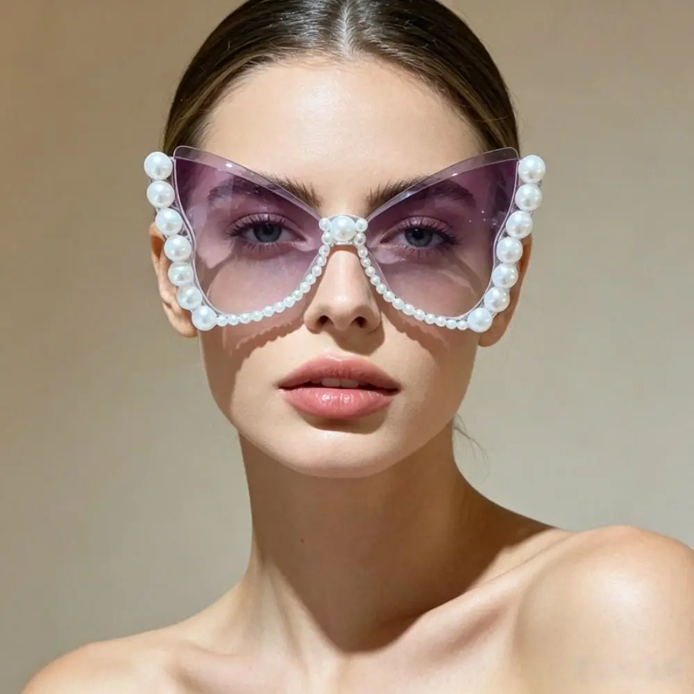 Pearl Embellished Butterfly Sunglasses Tinted Lenses Decorative Frame Fashion Sunglasses Plastic Frame Stylish Statement Eyewear