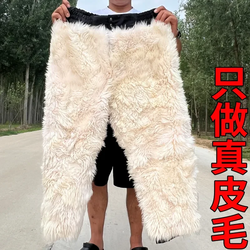 Winter Original Ecological Fur One Thickened Wool Pants Fleece High-waisted Back Protector Warm Liner Men Women Leather Pants