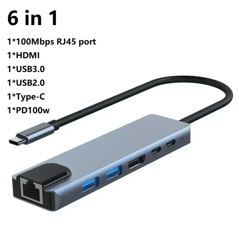 

6 in 1 100Mbps 65W PD 2 USB Laptop Docking Station Dual Monitor 4K 30Hz C Hub with HDMI USB SD Card Reader USB C Dock Comp