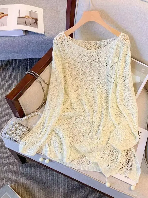 

Ladies Summer 2025 Loose Long Sve Knitted Sweater Hollow out Hook Design Thin Sun Protection Casual Sle round Ne Top