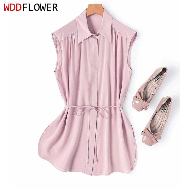 100% Mulberry Silk Pink Color Collared Neck Wide-shoulder Belted-waist Women Tank Top Shirt Office Work M1703