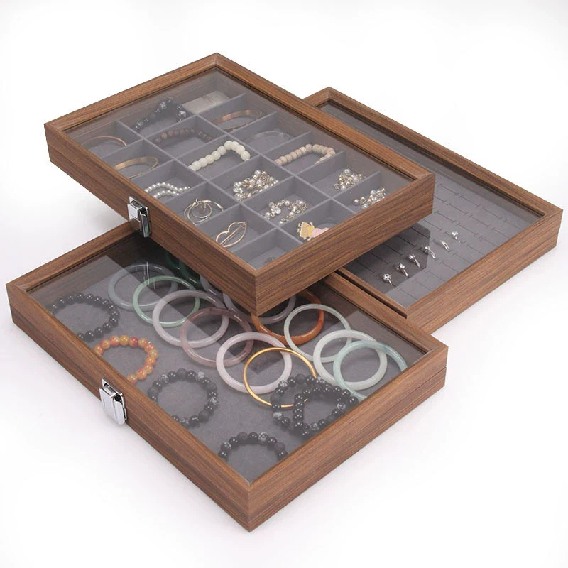 Braune verkörnende innere graue Samt-Schmuckschatulle mit Glasabdeckung, Aufbewahrungsbox für Ringe, Ohrringe, Armbänder, Halsketten, Display-Organizer – Detail 2