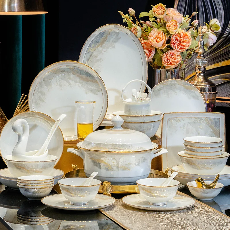 

Bone China Dinnerware Sets Ceramic Dishes Luxury Golden Plates and Bowls Set 62pcs Tableware