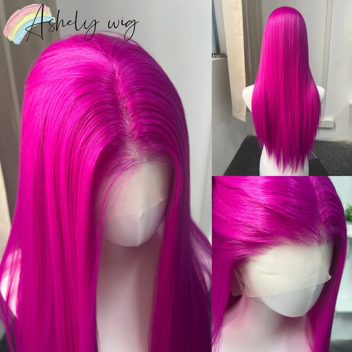 Ashely Wig Rose Purple Wigs 13x4 HD Lace Frontal 26inch Long Straight Silky Glueless Synthetic Lace Frontal Wig for Cosplay