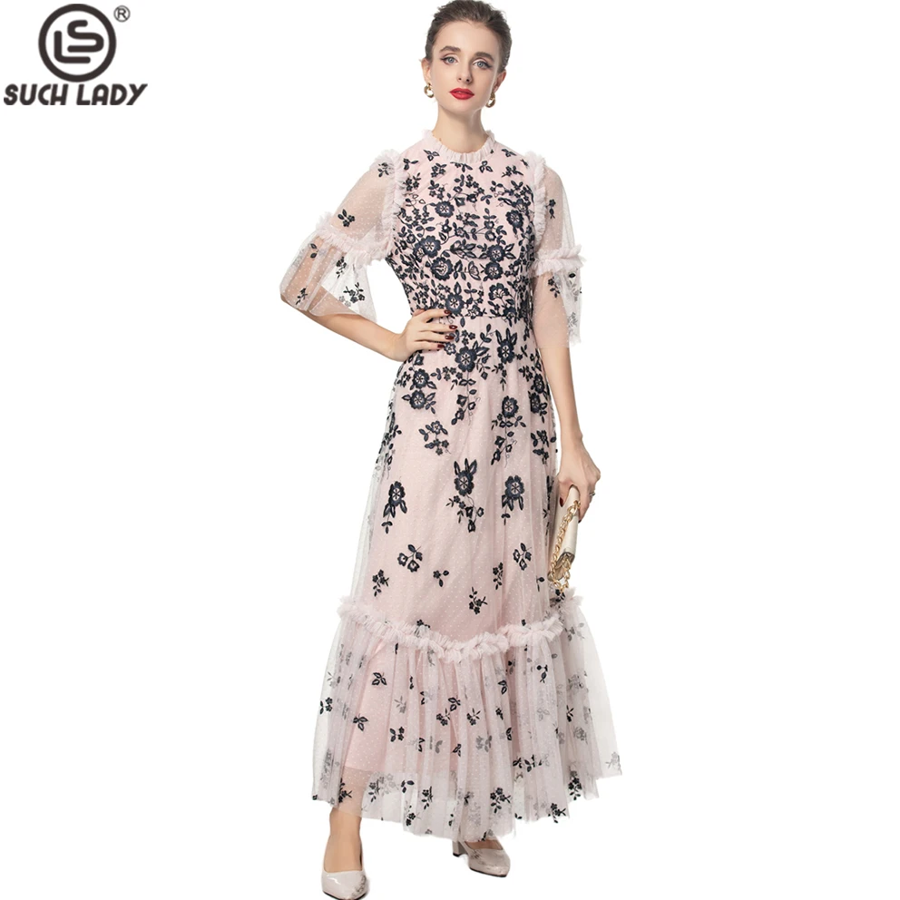 Vestido feminino o pescoço meia manga bordado em camadas floral elegante festa de formatura vestidos