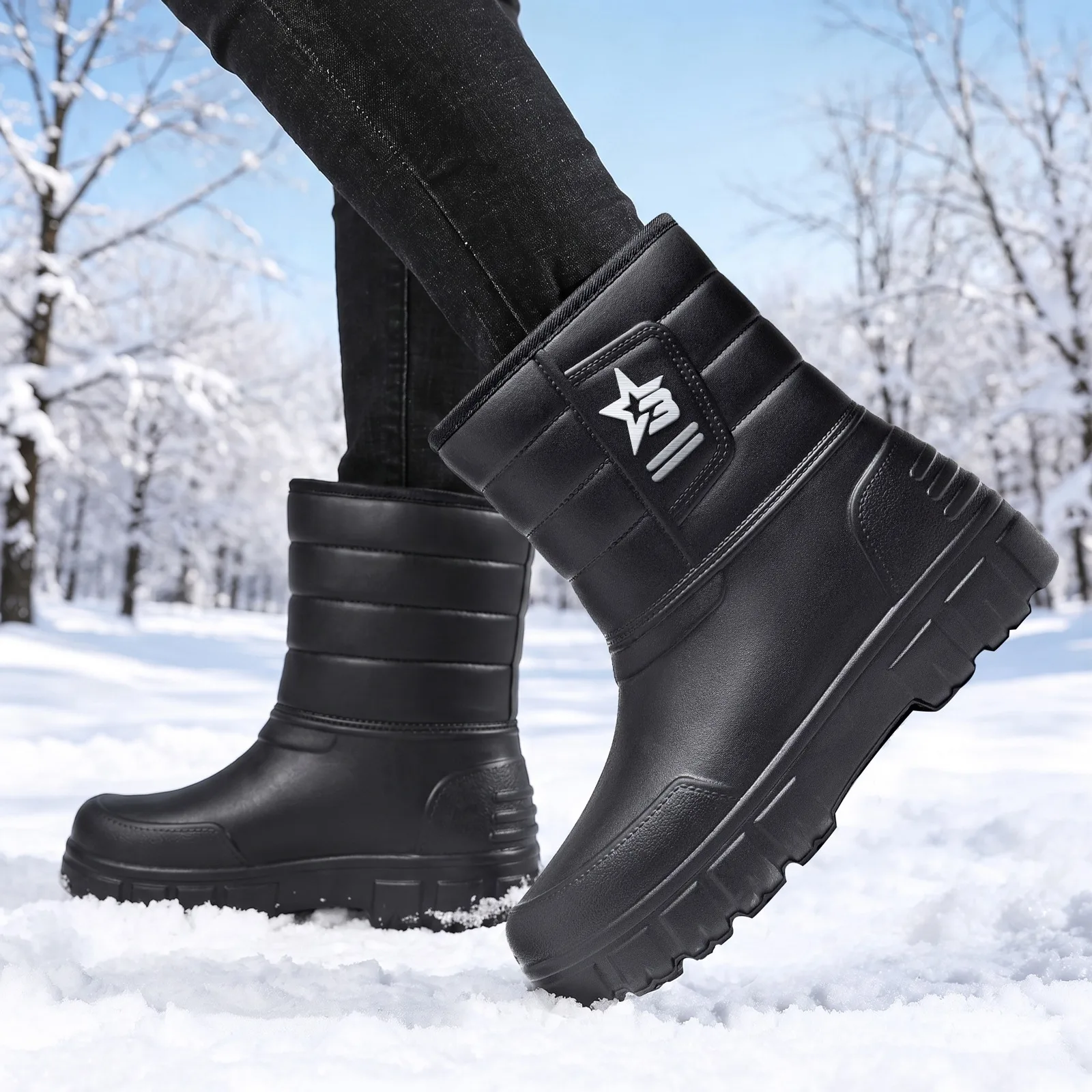 Winter-Herrenschuhe aus Baumwolle mit Fleece, warmem Leder, wasserdichter, dicker Sohle, für Outdoor-Aktivitäten, Angeln, Freizeit, vielseitig einsetzbar, schwarz. – Detail 9