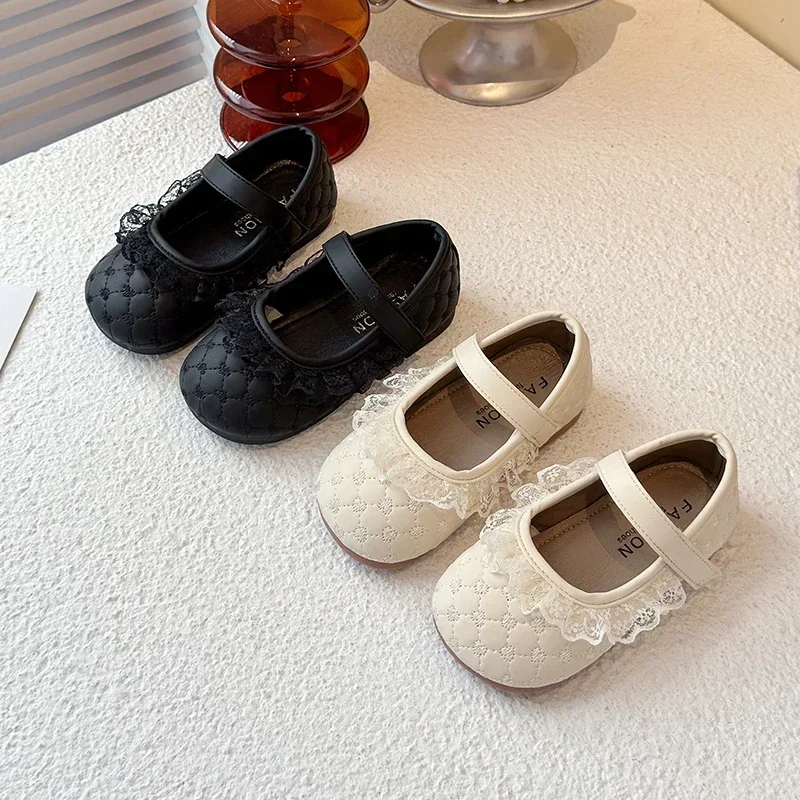 

Girls Princess Shoes Sweet Lace Round Toes Kids Flat Shoes Black Matte 2025 New Girls Leather Shoes Soild Color Ins Trendy Cute