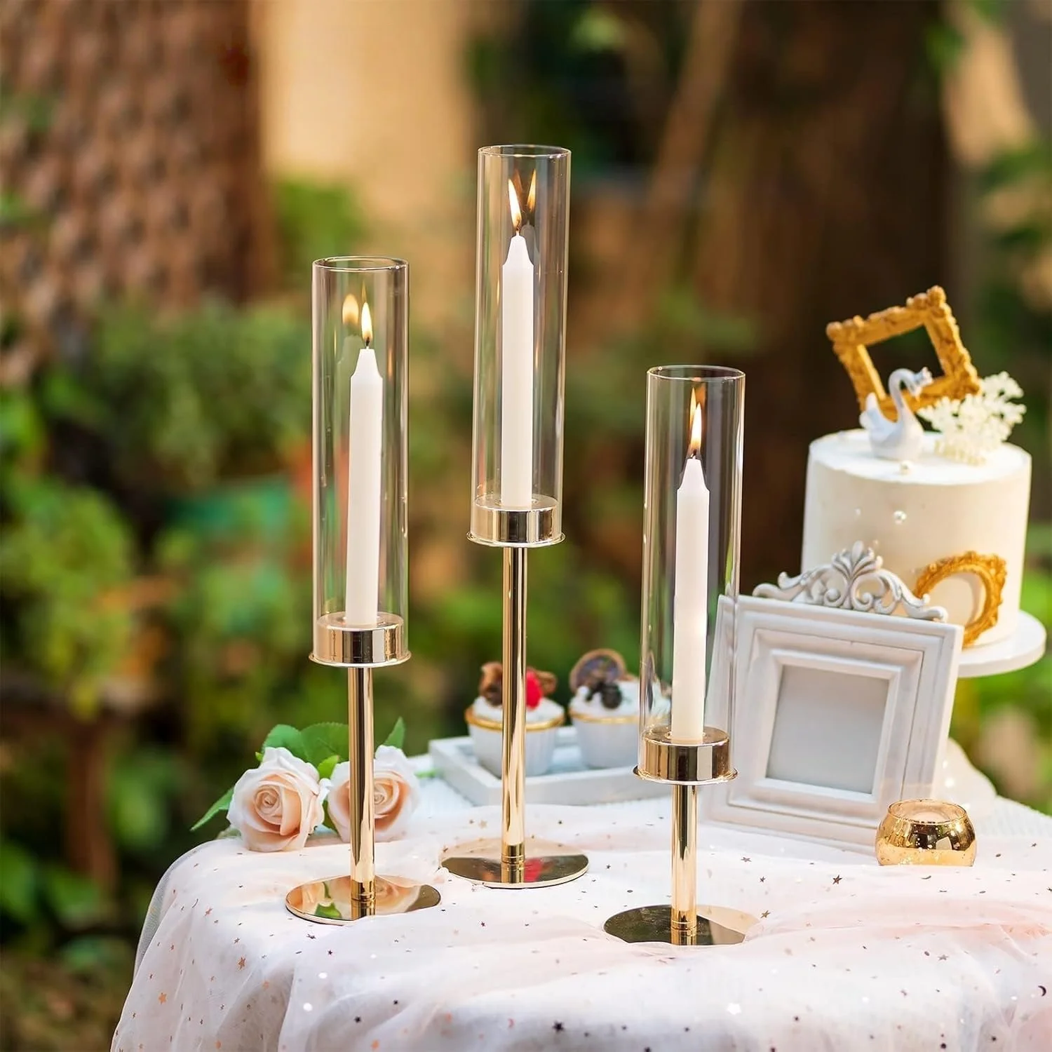 3-Pack Gold Silver Hurricane Candle Holders Removable Glass Shade Weighted Base Taper Candlestick Stands for Wedding Party Decor