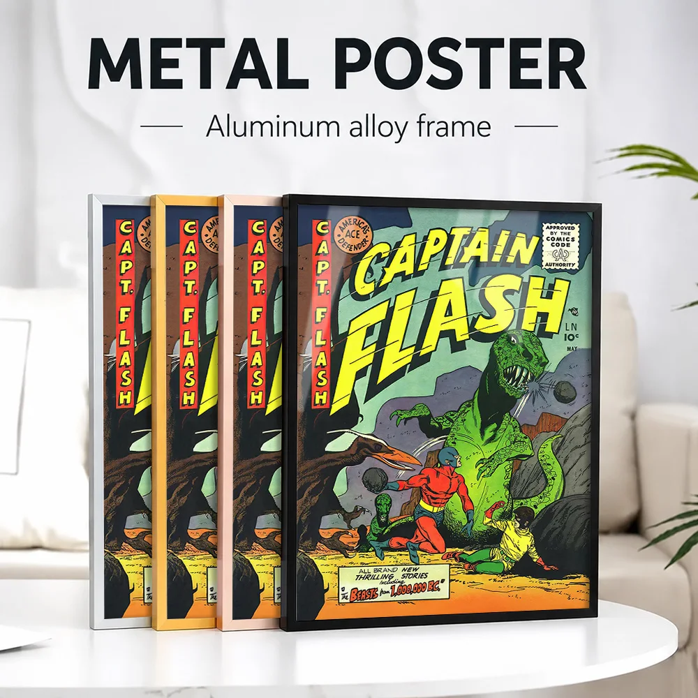Captain Flash Vintage Comic Book Cover Framed Metal Print Personalized Photo Vibrant Panel Style Wall Art For Bedroom Fan Gift