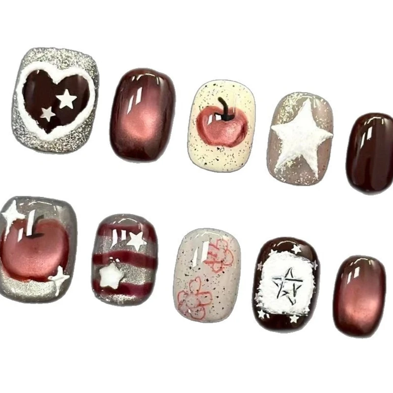 30pcs Press on Nails Korean Style Apple and Star Stripes  Retro Short Oval Shape Perfect for Girls or As A Gift for Friends