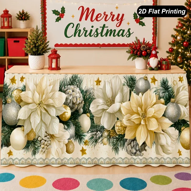 1 piece 2D flat Christmas tablecloth - white and gold floral tablecloth - highly suitable for decorating the family kitchen