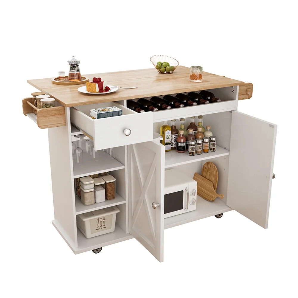 44 Inch Kitchen Island Cart with Solid Wood Top, Wine Storage, Spice Rack, Towel Rack, Wine Glass Holder, Rolling Kitchen Island