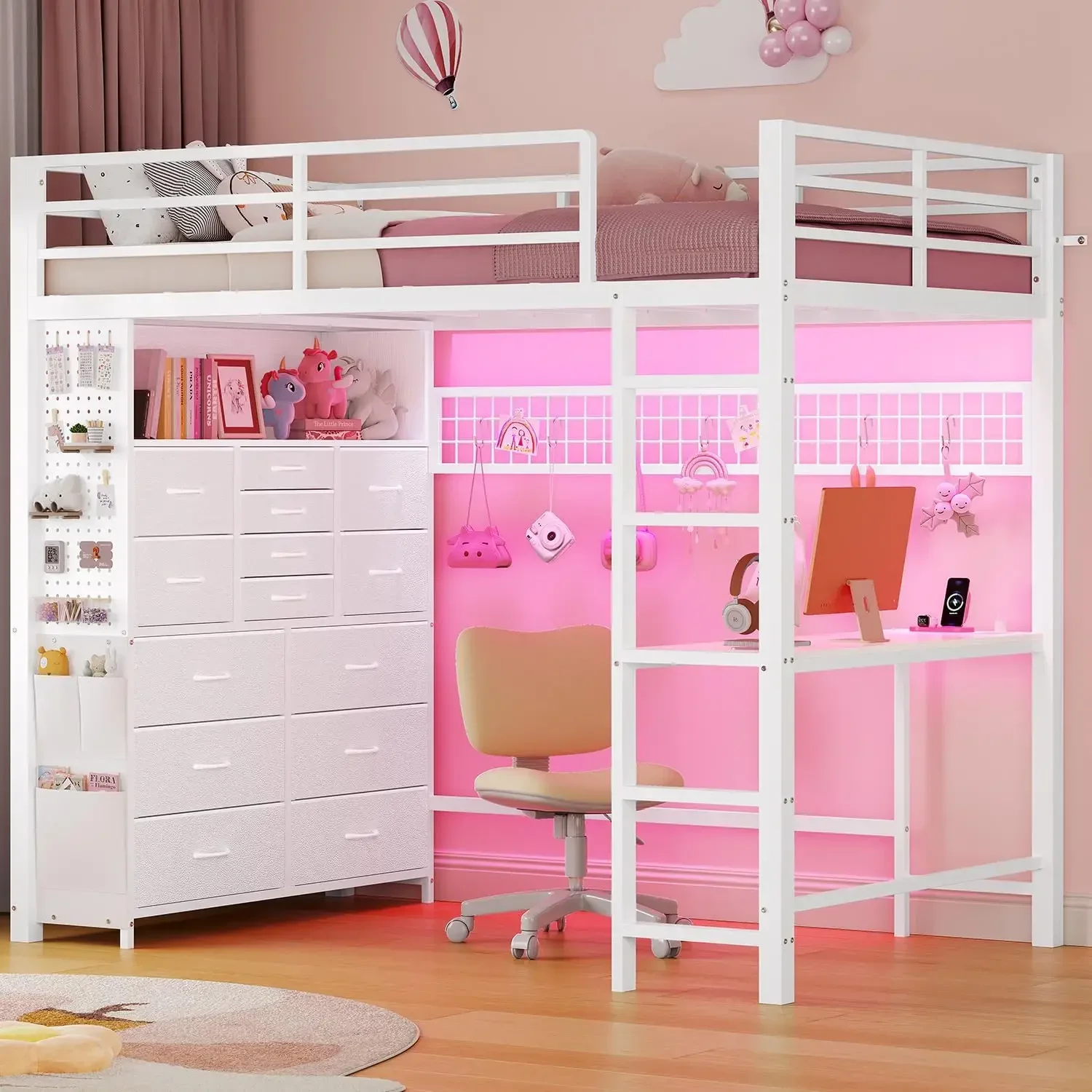 ADORNEVE Twin Loft Bed with Desk,14 Storage Drawers & Power Outlet, Kids Loft Bed Twin Size with LED Lights, Pegboard, Metal Lof