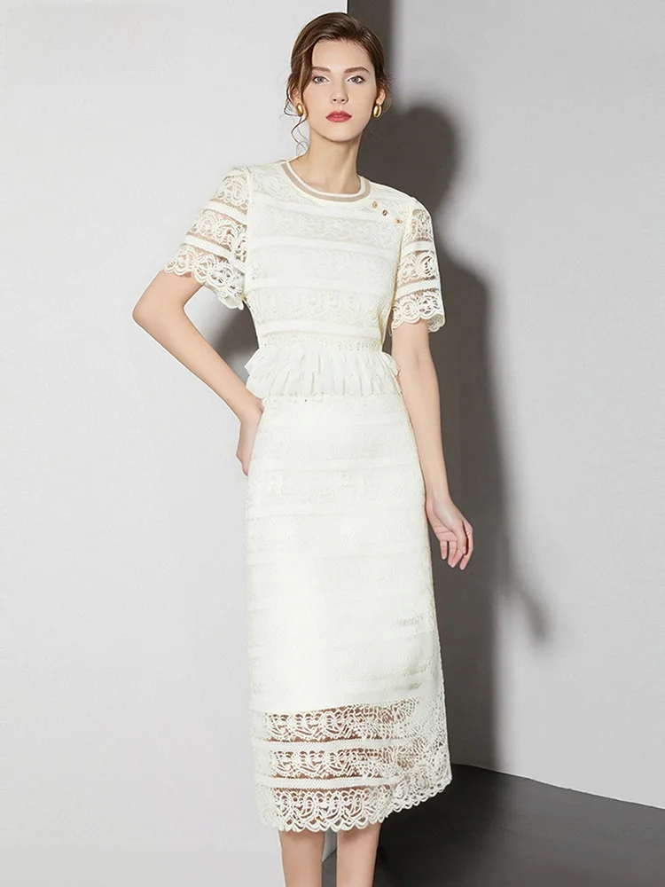 Cyanine Sea Blue Lace Hollow out f Skirt Set Women's Faionable Summer Outfit Two-Piece Suit Polyester ort Sve round...