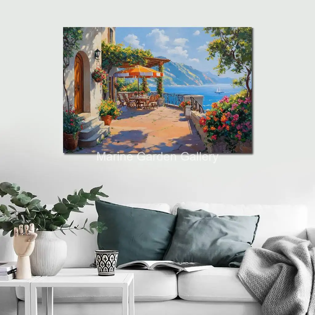 Large Canvas Art Seascape Wall Picture Hand Painted Oil Painting Terrace Overlooking Modern Artwork Sitting Room Decor Textured