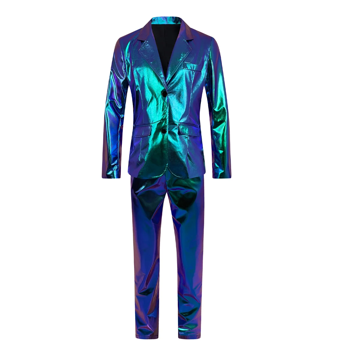 Traje holográfico iridiscente de 2 piezas para hombre, conjunto de blazer y pantalón metálicos brillantes, disfraz ajustado para fiesta disco, escenario, DJ, club profesional