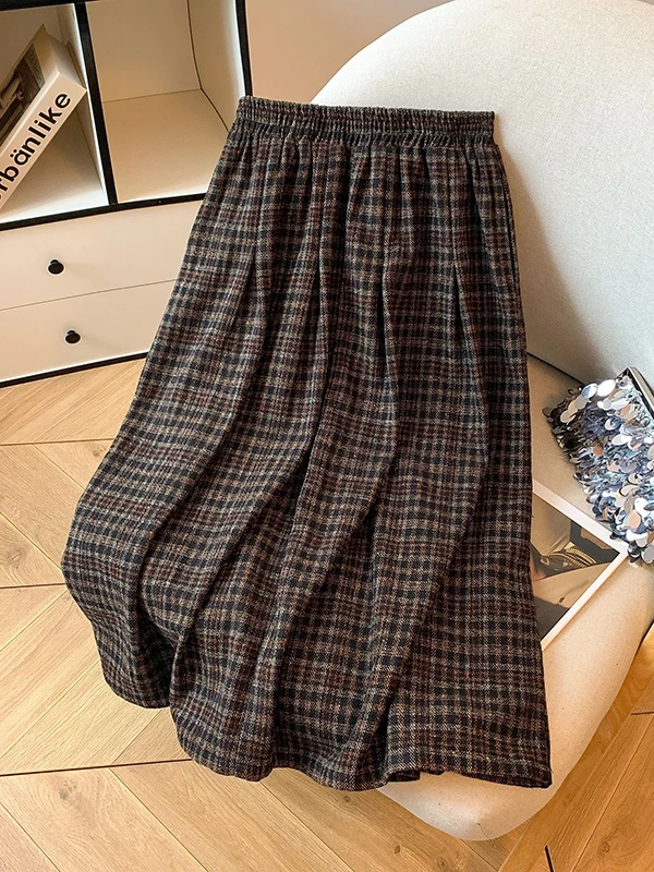 

2025 New Retro Plaid Woolen f Skirt Elastic Waist Loose Slimming A-Line Skirt for plus Size Women Casual Autumn Winter Lon...