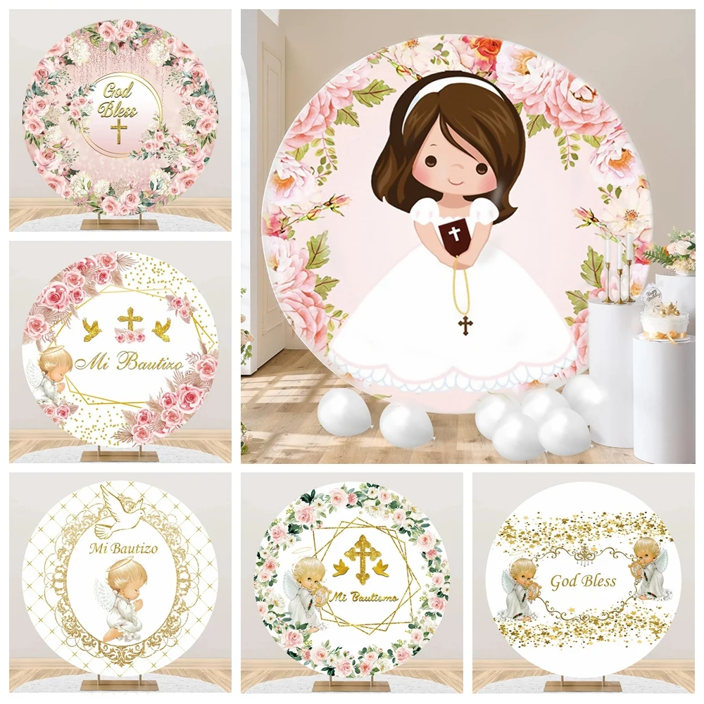 

Mi Bautizo Round Backdrop Cover Gold Cross First Holy Communion God Bless Baby Shower Circle Photography Background Photo Props