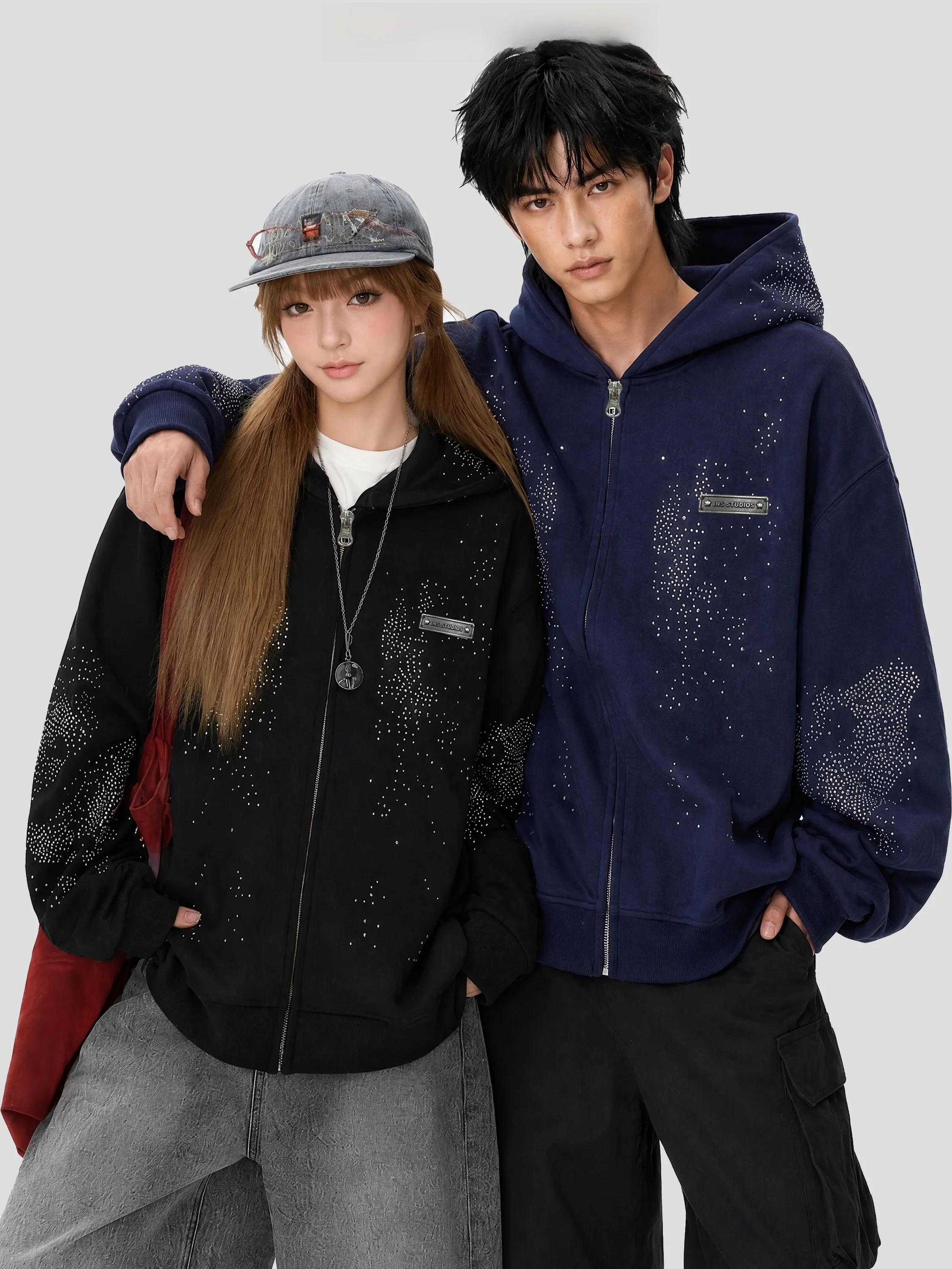 INSstudios American Style Hoodie Couple's Casual Loose Fit Diamond Embellished Sweatshirt for Autumn Season Youth Trend