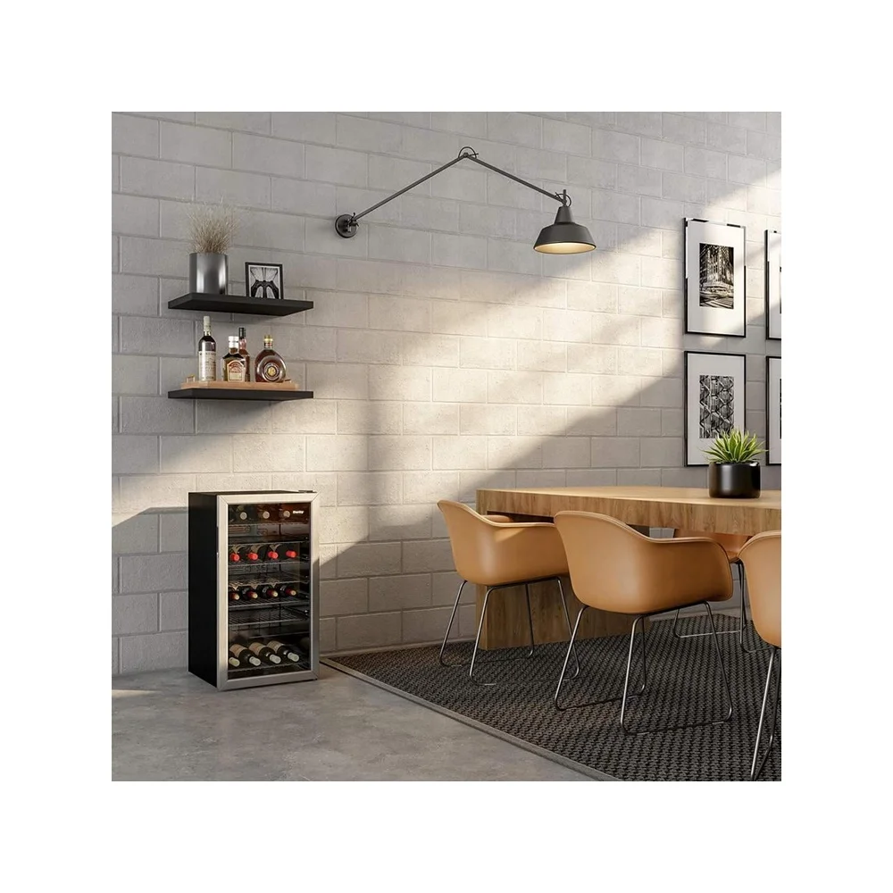 36 Bottle Stainless Steel Wine Cooler with Blue LED Lighting Tempered Glass Door Reversible Handle Black Wire Shelves Energy