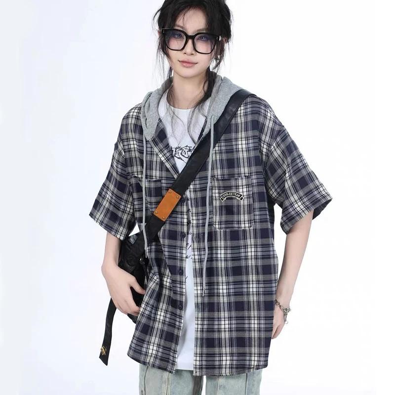 Damska koszula z kapturem w kratę Harajuku Vintage Krótki Rękaw Y2K Bf Bluzka Casual Luźna Amerykańska Streetwear Kieszenie Litery Damskie Topy
