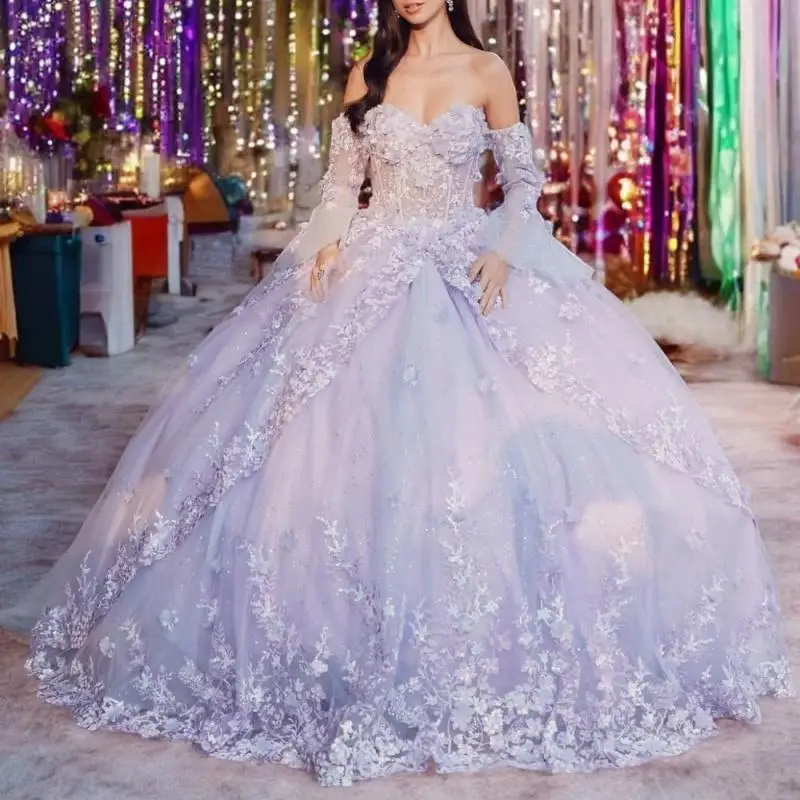 

Customized Lavender Purple Long sleeves Quinceanera Dresses Applique Sweetheart Party Dress Gown 16 Vestidos De 15 Años