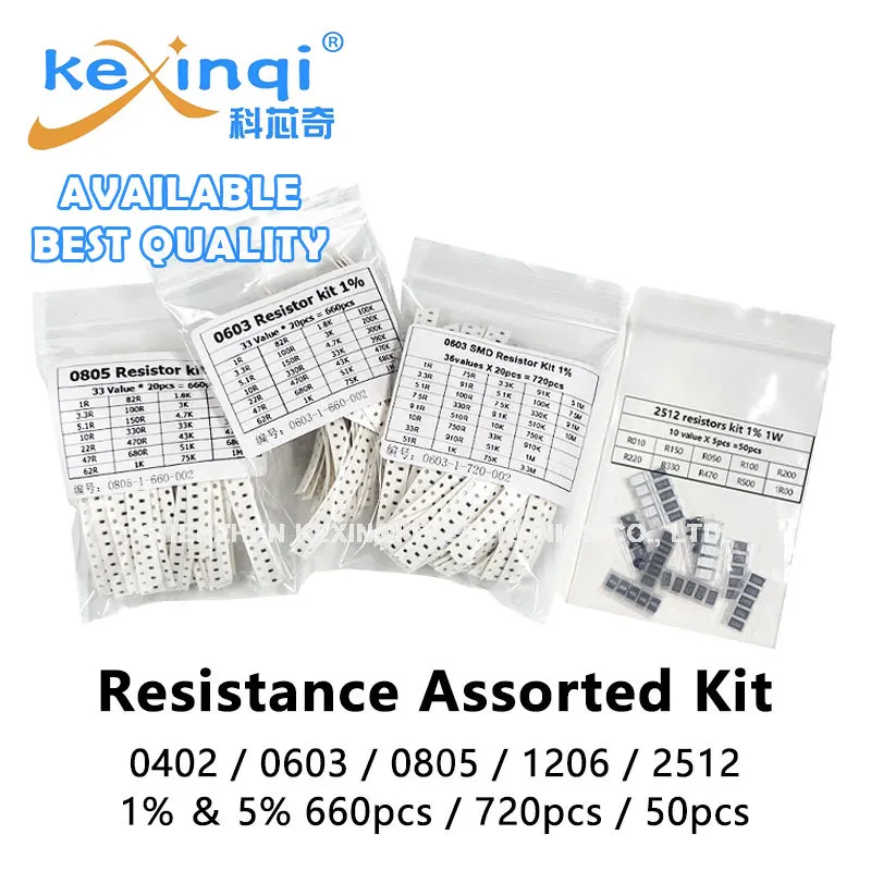 

SMD Set of Resistors Kit 1% 1206 0402 0603 0805 1R - 1MR 0R - 10MR Alloy Resistance 2512 100% New Chip Resistance Assorted Set