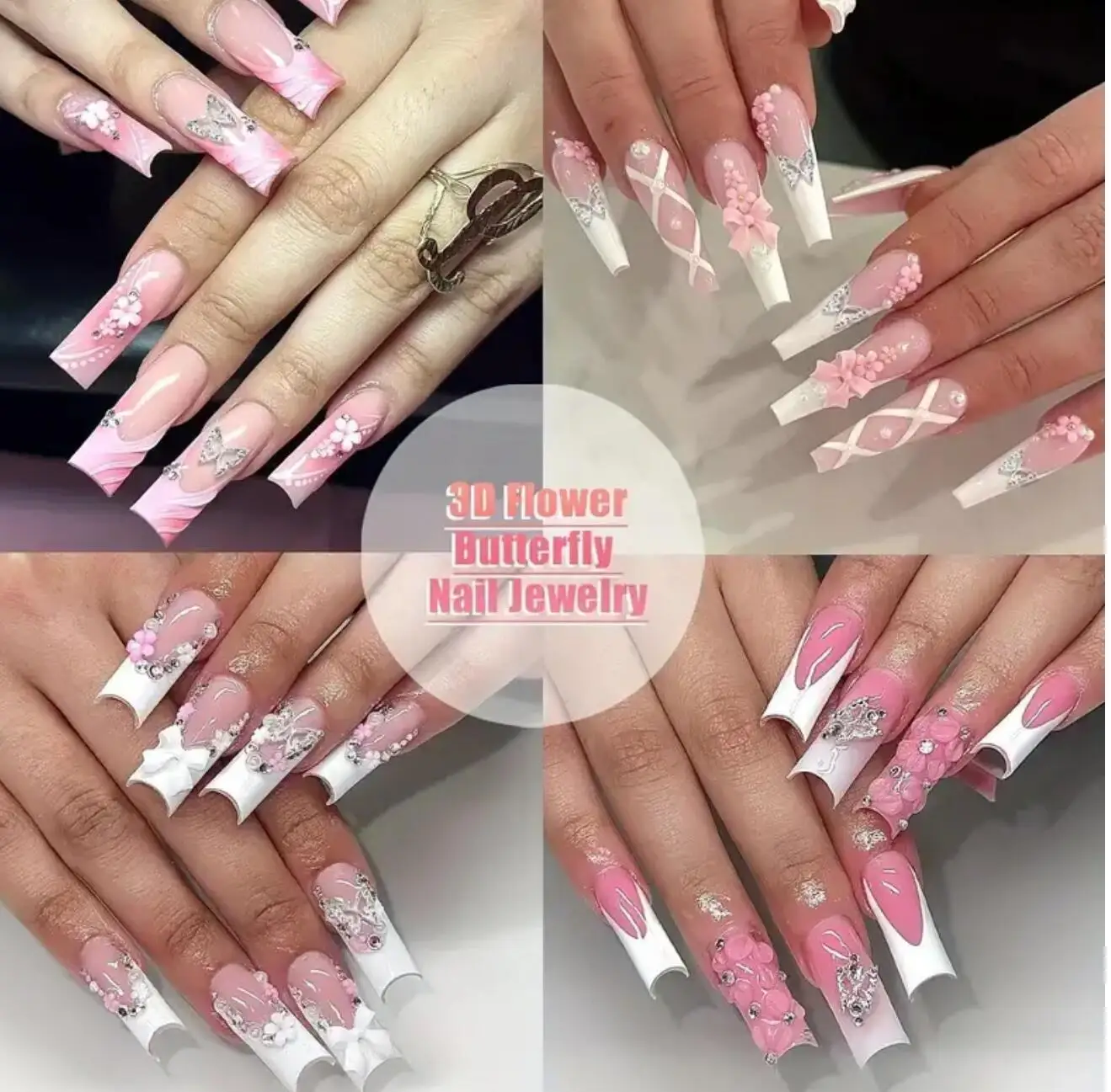 7Gird 3D Pink White Acrylic Flower Butterflies Bows Nail Art Decorations Mix Gold Caviar Beads Pearl Rhinestones DIY Accessories