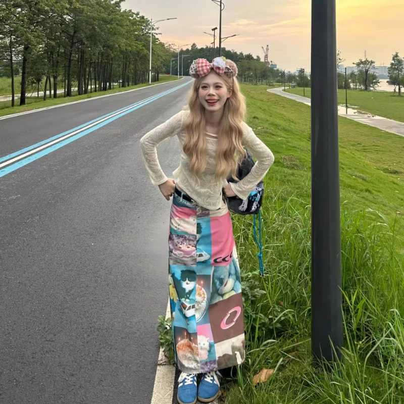 Original Design Women's Clothing American Hot Girls Cartoon Pattern Printed Skirt Spring Autumn New Versatile Long Skirts Female