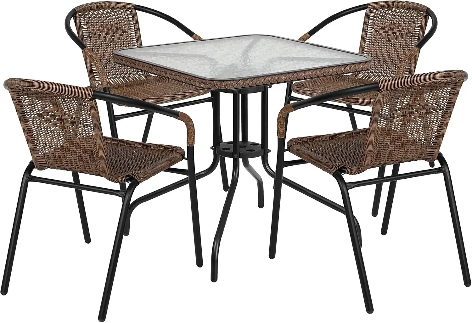 28'' Square Glass Metal Table with Dark Brown Rattan Edging and 4 Dark Brown Rattan Stack Chairs