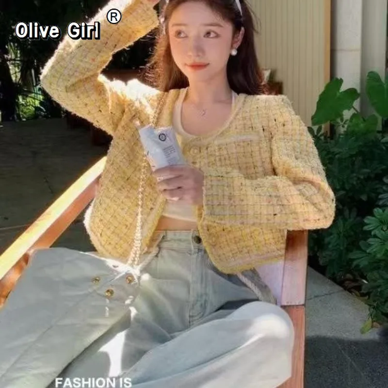 Olivegirl French Elegant Jacket Yellow Short Women's Coat 2026 Spring and Autumn Coarse Tweed Socialite High-end Elegant Top