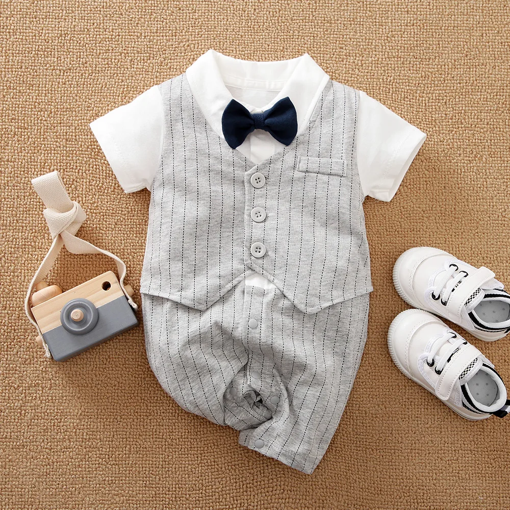 Fashion Casual Stripes Cool Birthday Party Jumpsuit 0-1 Years Old Summer Newborn Boys Short-Sleeved Gentleman\'s Bow Tie Cotton