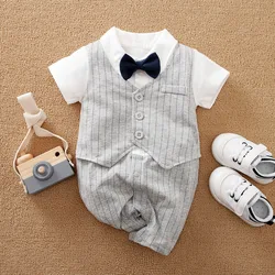 Fashion Casual Stripes Cool Birthday Party Jumpsuit 0-1 Years Old Summer Newborn Boys Short-Sleeved Gentleman's Bow Tie Cotton