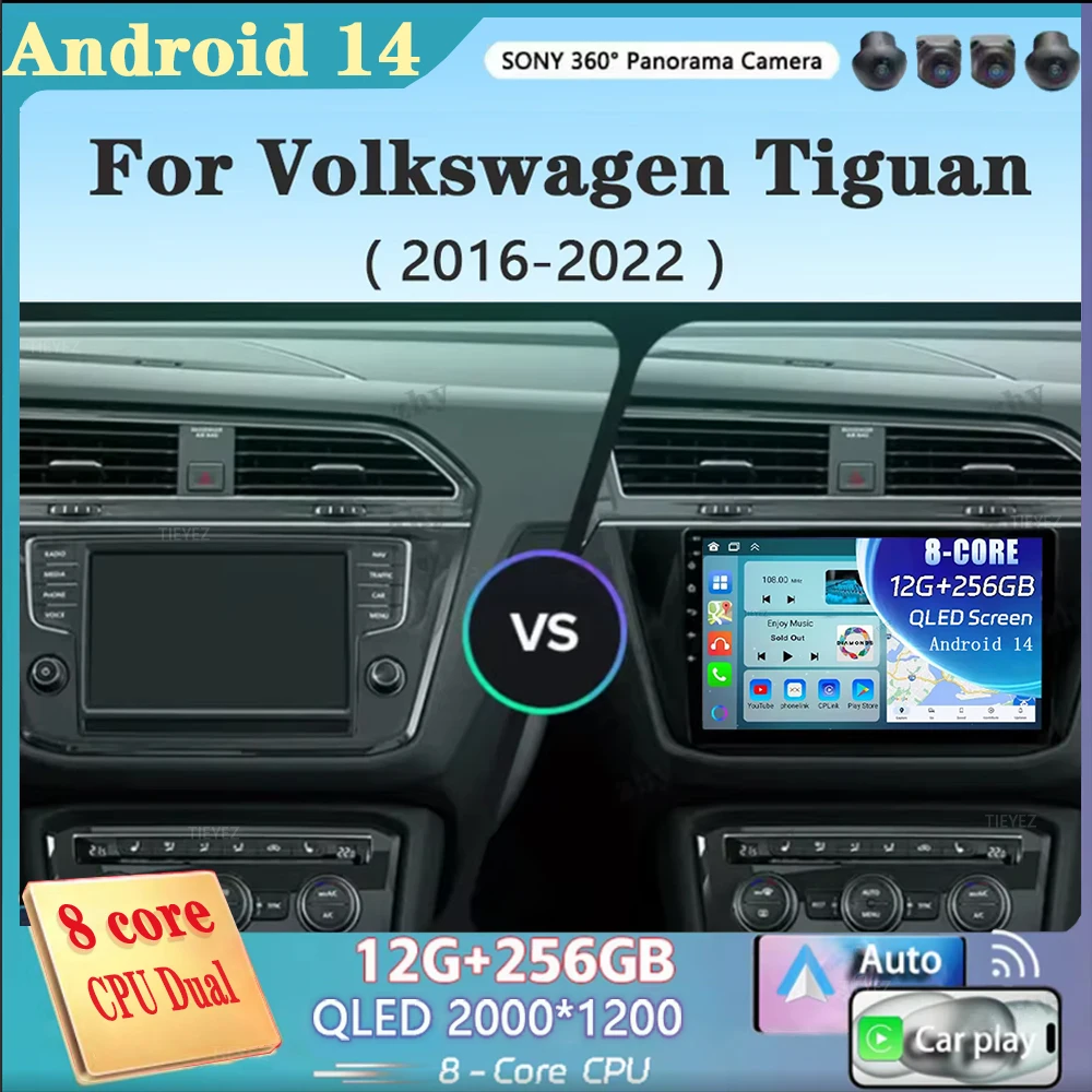 For VW Volkswagen Tiguan L 2016 2017-2022 Android 14 Carplay Auto Car Radio Multimedia Video Player Navigation GPS No 2Din 2 Din